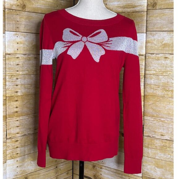 LOFT FESTIVE DRESSY PARTY RED KNIT SWEATER WITH SILVER BOW DESIGN ON FRONT SMALL - Picture 1 of 3